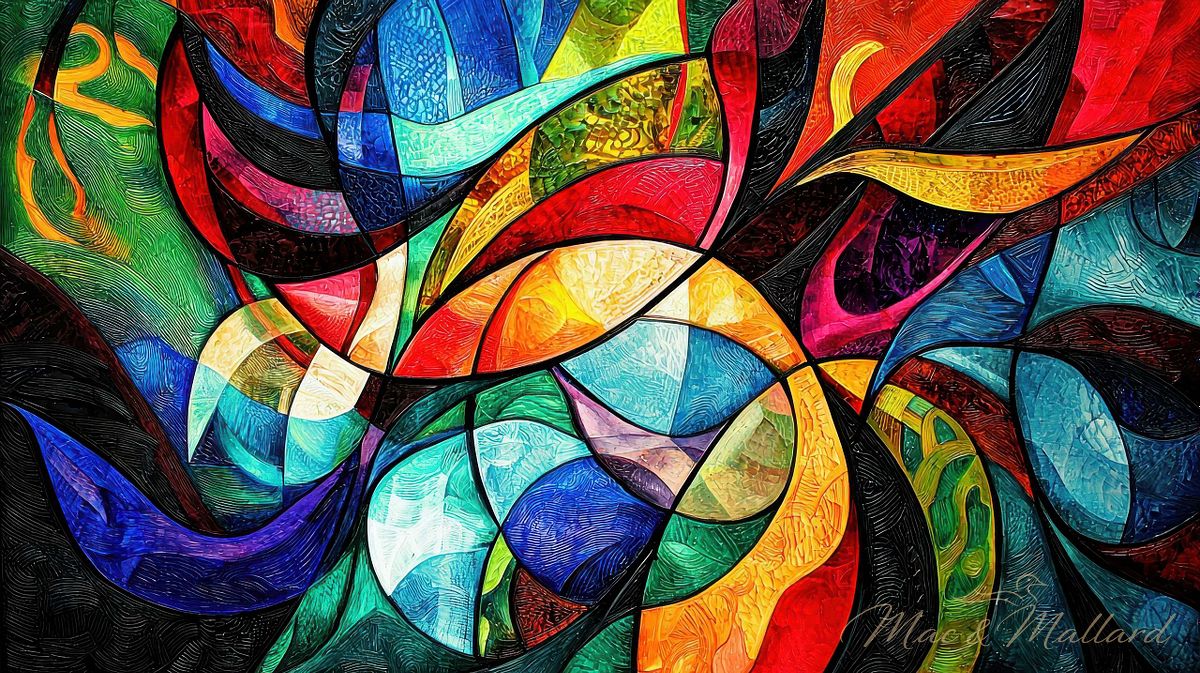 A colorful abstract painting with a lot of different shapes and colors