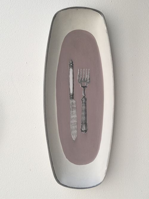 llustration of a fork and knife on a plate, with a muted mauve background, designed for modern tableware decor.