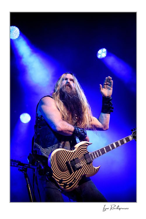 Dramatic vertical silhouette of Zakk Wylde on stage, holding his guitar aloft with one hand against a backdrop of bright white stage lights and thick fog
