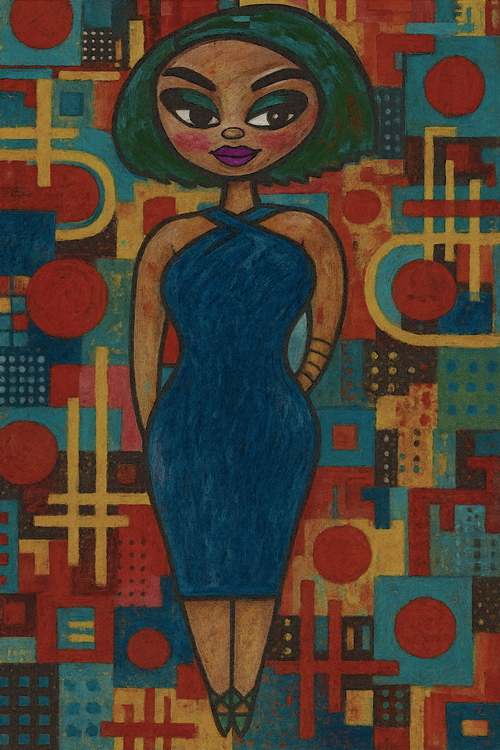 A fashionable woman with bold makeup stands against a geometric background. Her confident pose complements the vibrant colors around her.