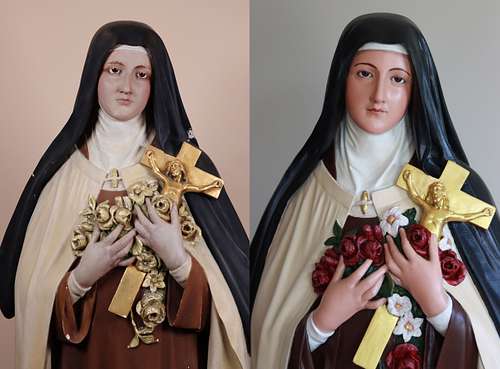 Before and After picture of St Therese statue
