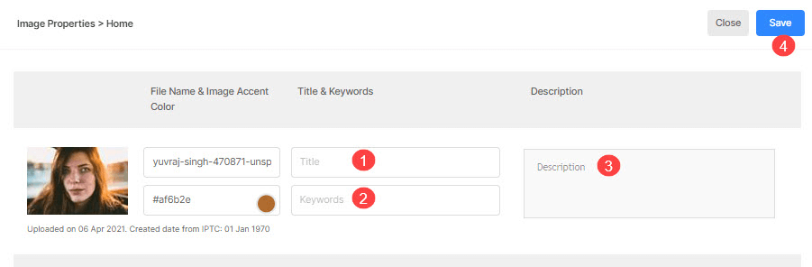 Image properties section of Pixpa's dashboard