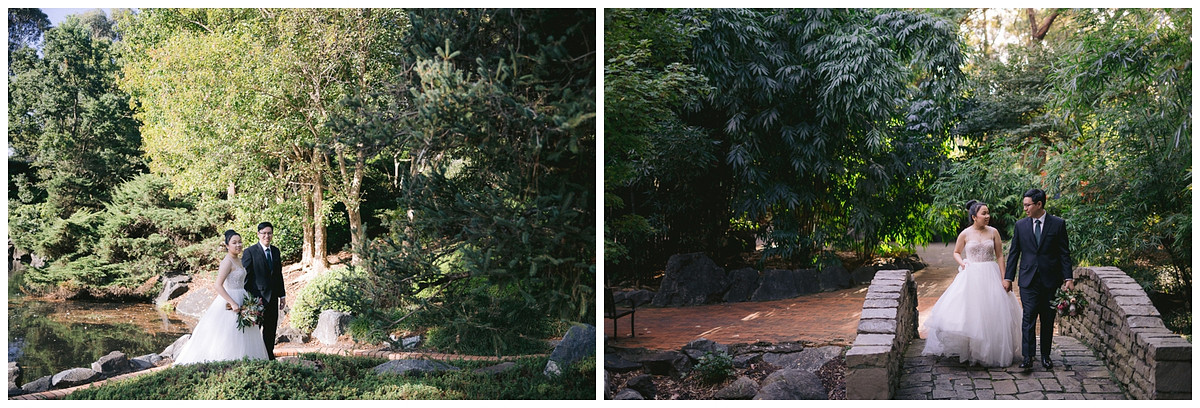 Wedding photography showcasing the lushy green at Japanese Garden Auburn Botanic Gardens.