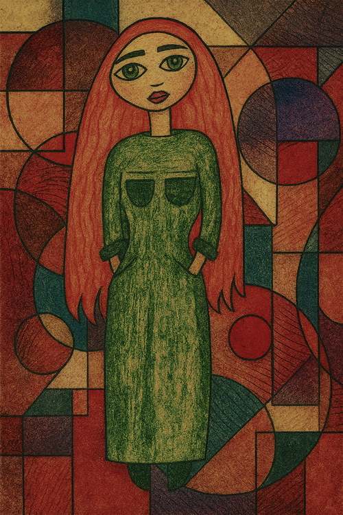 A stylized woman with long red hair stands against a backdrop of geometric patterns. The image combines vivid colors and abstract shapes.