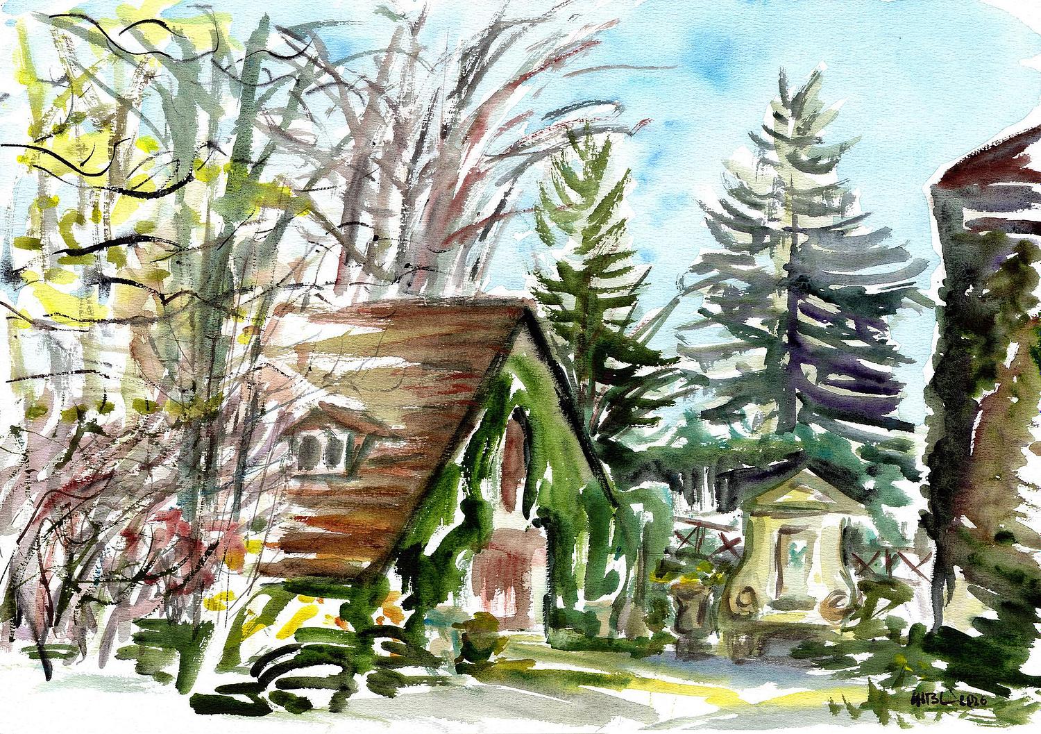 B&acirc;tisse recouverte de lierre dans la cour sur l'arri&egrave;re de la maison du parc de l'Ile-Verte &agrave; Chatenay-Malabry