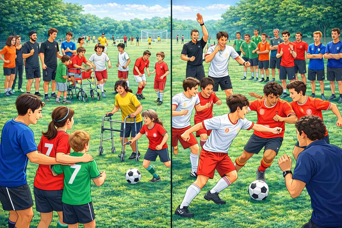 Geteilte Darstellung: Links spielen Kinder inklusiv und unterstützend zusammen, rechts findet ein wettkampforientiertes Spiel mit klaren Strukturen und mehr Dynamik statt.