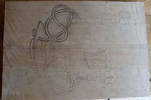 carving layout heraldic coat of arms on basswood