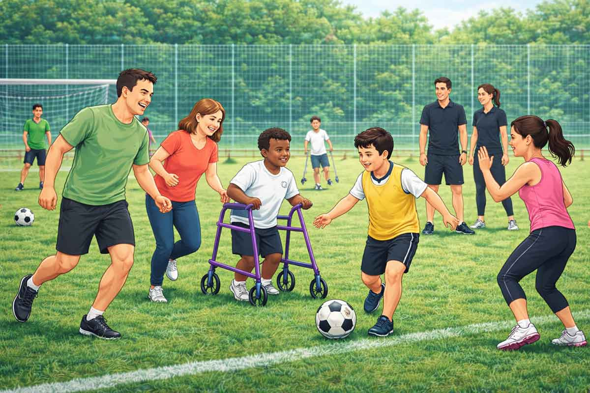 Eltern laufen gemeinsam mit Kindern auf dem Spielfeld, unterstützen sie aktiv im Spiel und fördern Beteiligung, während Trainer im Hintergrund begleiten.