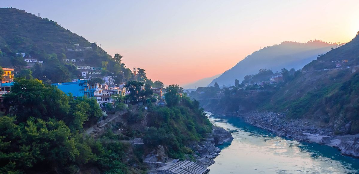 rising sun, river, mountain, city, winter, lake