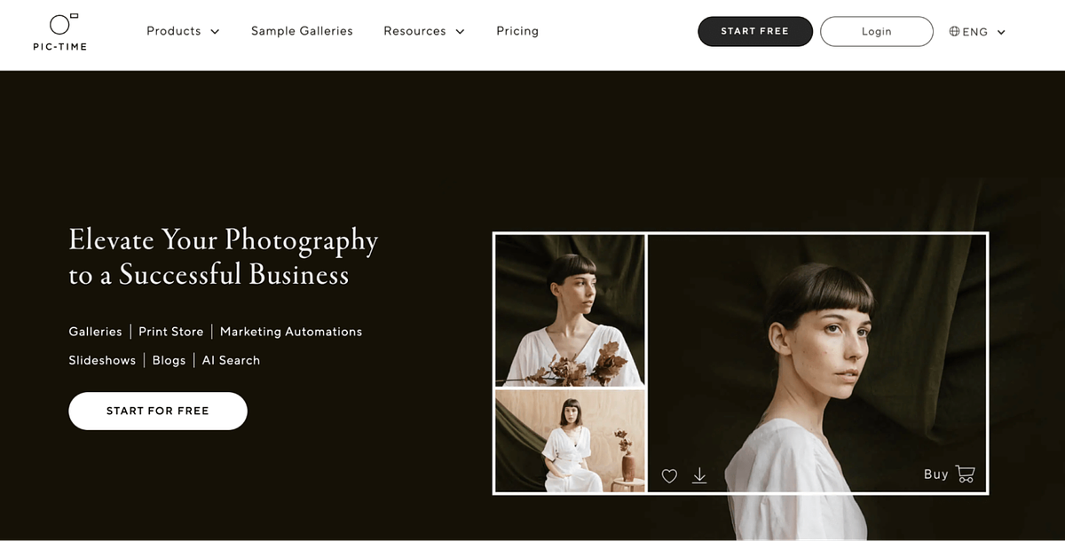 Captura de pantalla de la página de inicio de Pic-Time