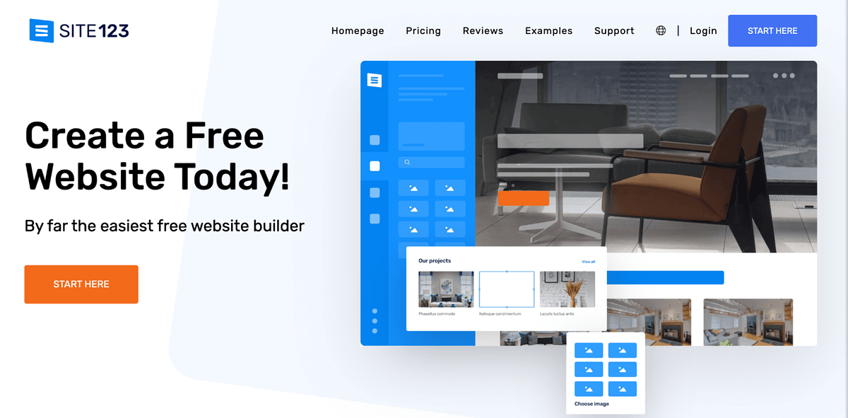 Screenshot of SITE123's homepage