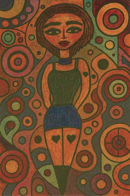 A stylized figure stands in front of a vibrant background filled with geometric patterns. The image features bold, swirling circles and a rich color palette.