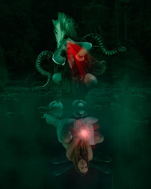 A green and red image of woman with monstrous tentacle pushing her fingers into her eyes while a more hopeful version reflects up at her from the lake.