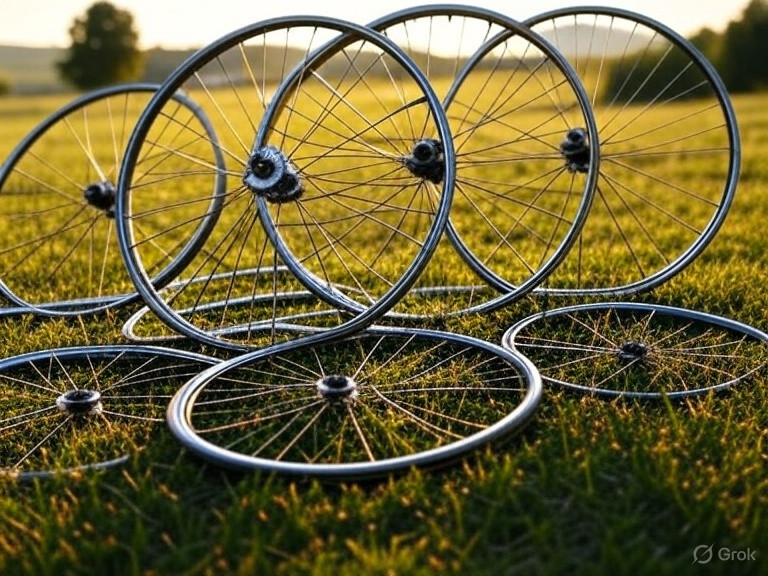 Pattern of bicycle wheels on green grass creating a strong photo composition.