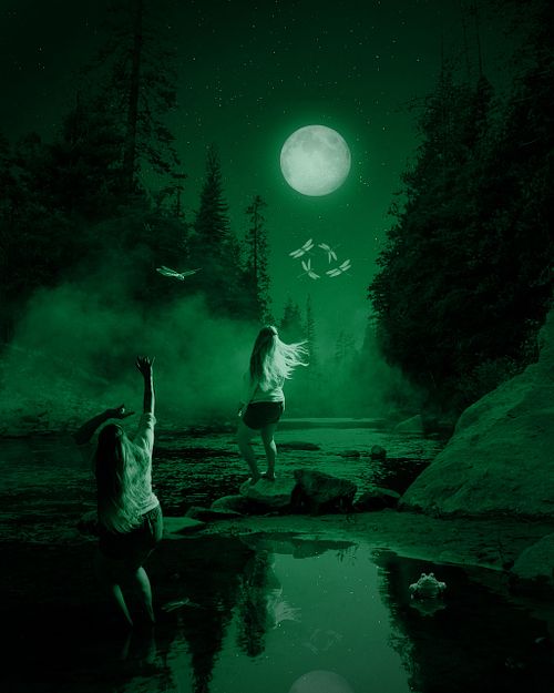 A green scene of woman dancing along a moonlit river.