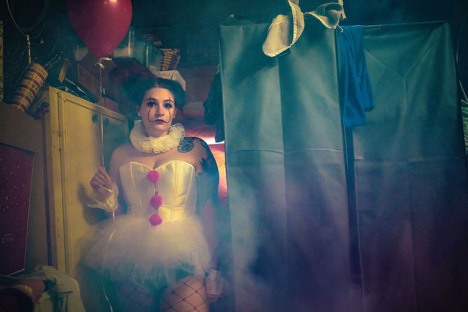Cosplay, Boudoir, portrait of woman dressed like IT, editorial.