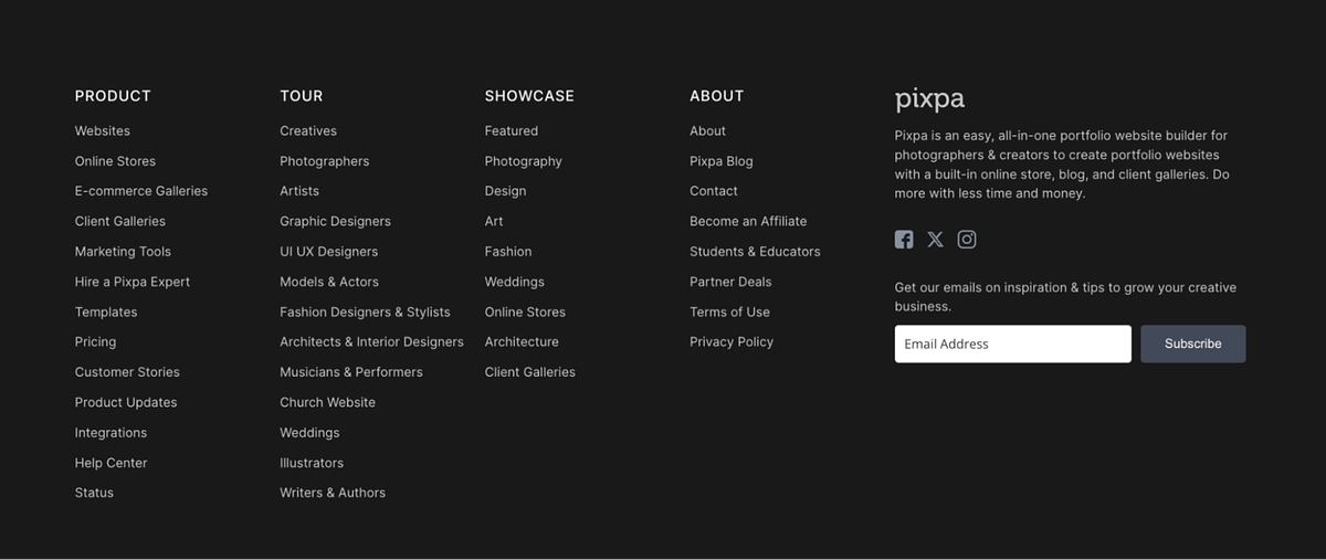 Afbeelding van Pixpa's sitemap website voettekst