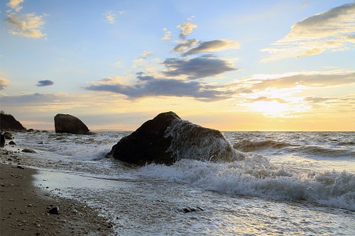 Windswept shore at sundown.