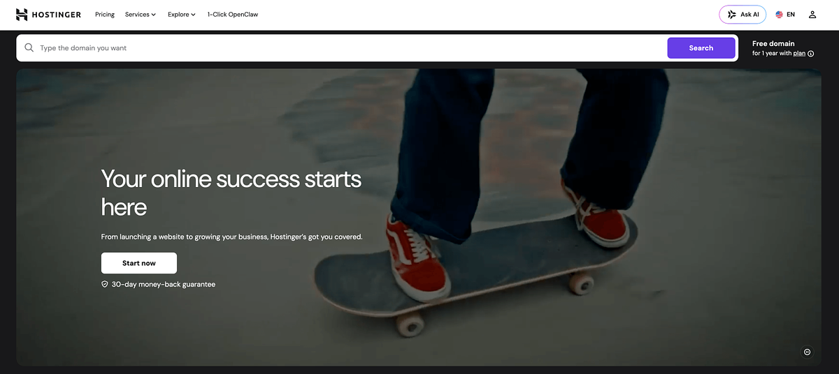 Hostinger Website Builder homepage promoting the budget-friendly AI-powered site builder
