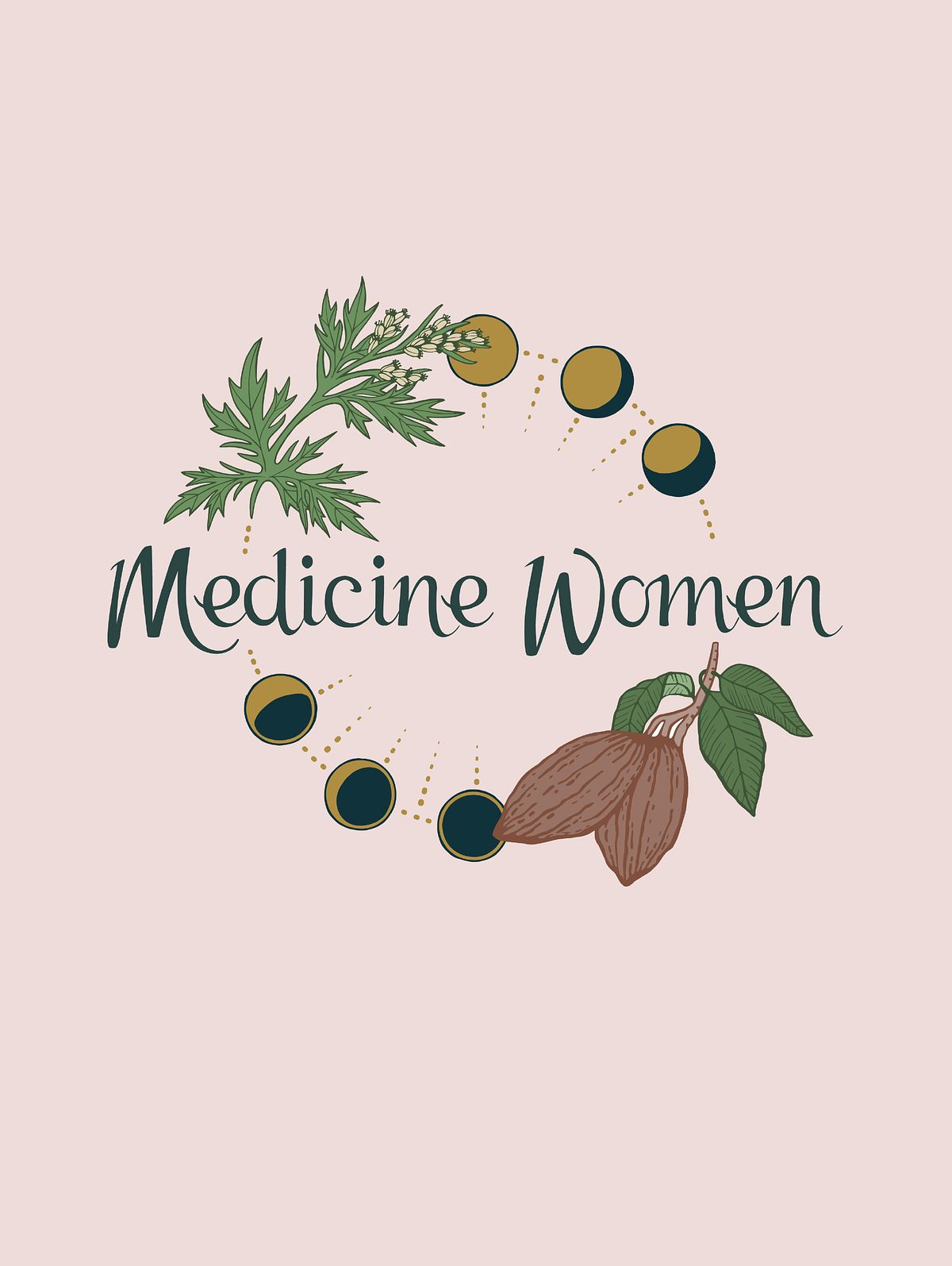 medicine women logo featuring cacao, moon cycles and mugwort