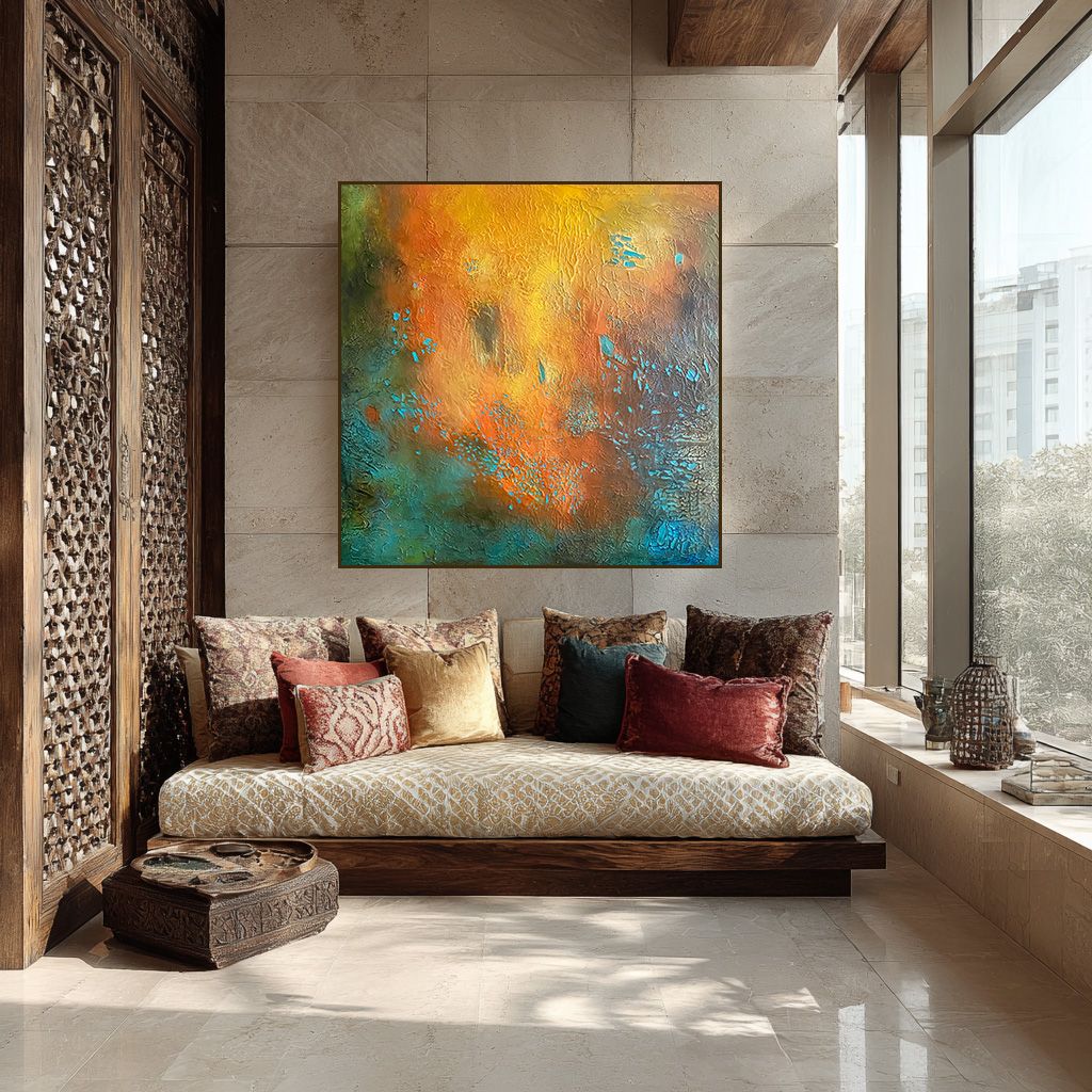Warm burnt orange and golden yellow abstract painting in a richly decorated Indian interior with wooden jaali and silk cushions, ideal for traditional luxury Indian homes