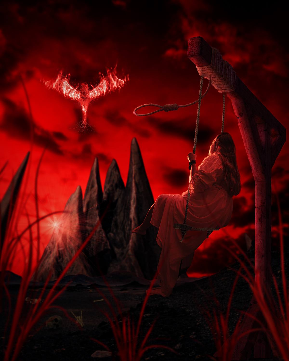 A red composite of a woman sitting on a swing hanging from a gallows pole watching a phoenix rise over mountains..