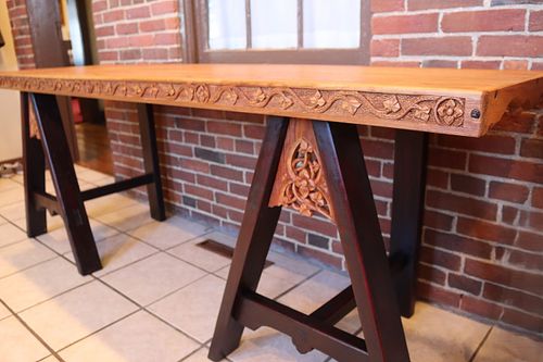 medieval trestle table in cherry and painted pine