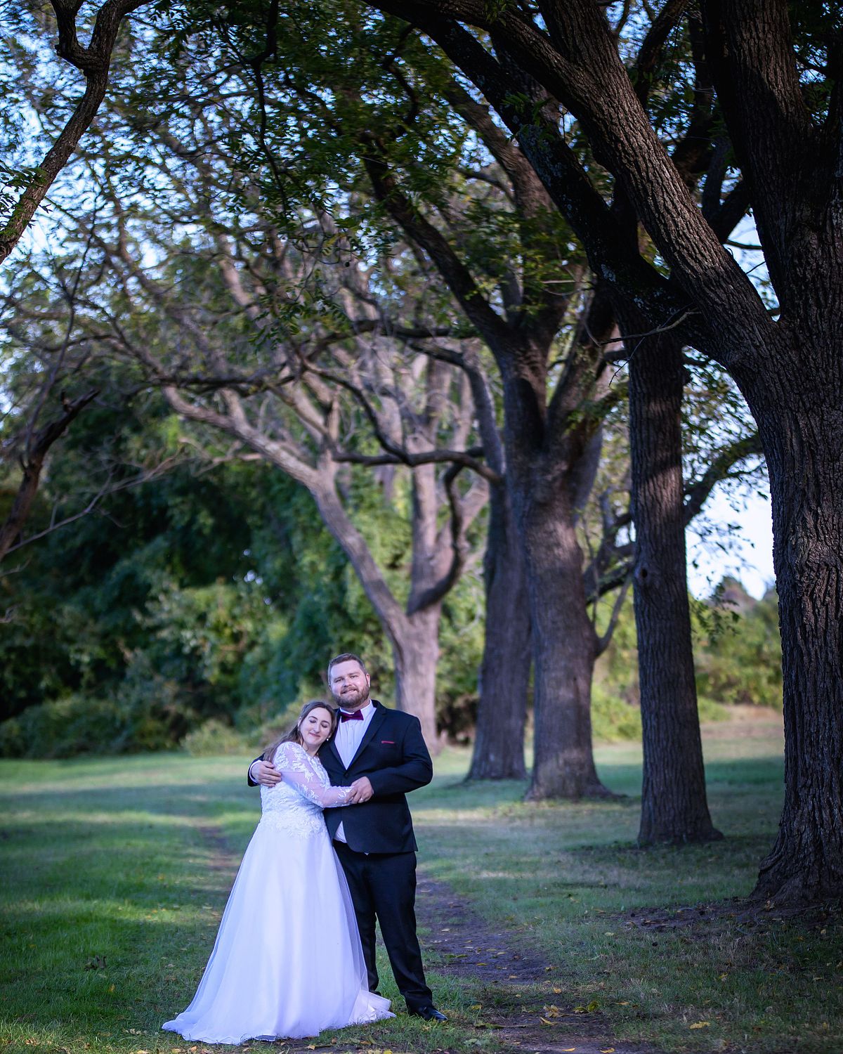 A wedding couple walking beneath the massive mature oak trees on the grounds of Ross Station during golden hour.