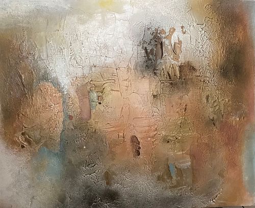 Minimalist neutral abstract painting with rich textures and gold copper bronze accents, 'Quiet Luxury' style art for zen-inspired homes and offices