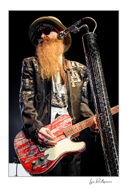 Billy Gibbons ZZ Top Live Concert Print  Vertical color image of Billy Gibbons of ZZ Top performing live on stage with a red Telecaster guitar, standing beside a tall textured microphone stand in his signature hat, dark glasses, and long beard