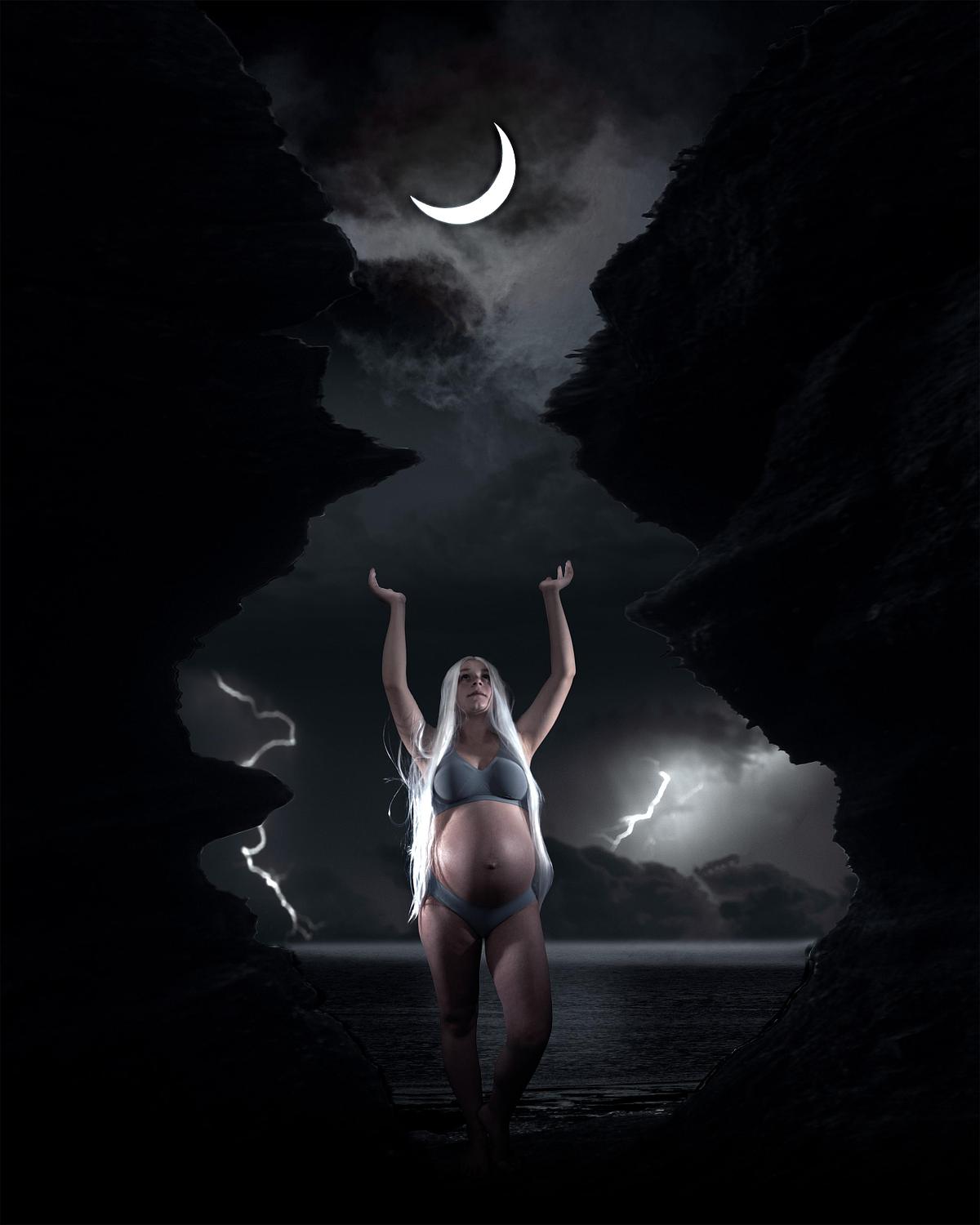 An expectant mother worshiping a sliver of the moon with lightning strikes behind her.