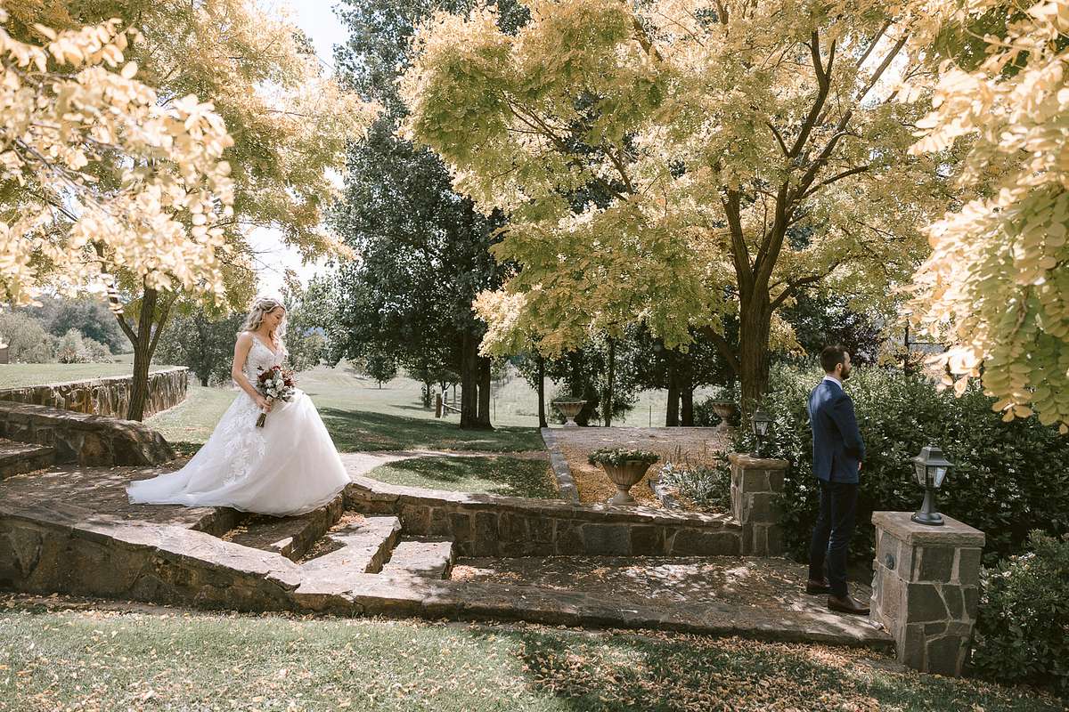 Bride and Groom's First Look at Waldara Farm Blue Mountains