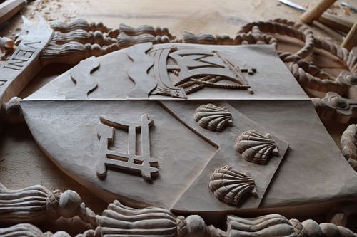 Detail of the shield or escutcheon with the Diocese' arms on the dexter side and the Bishop's on the sinister side