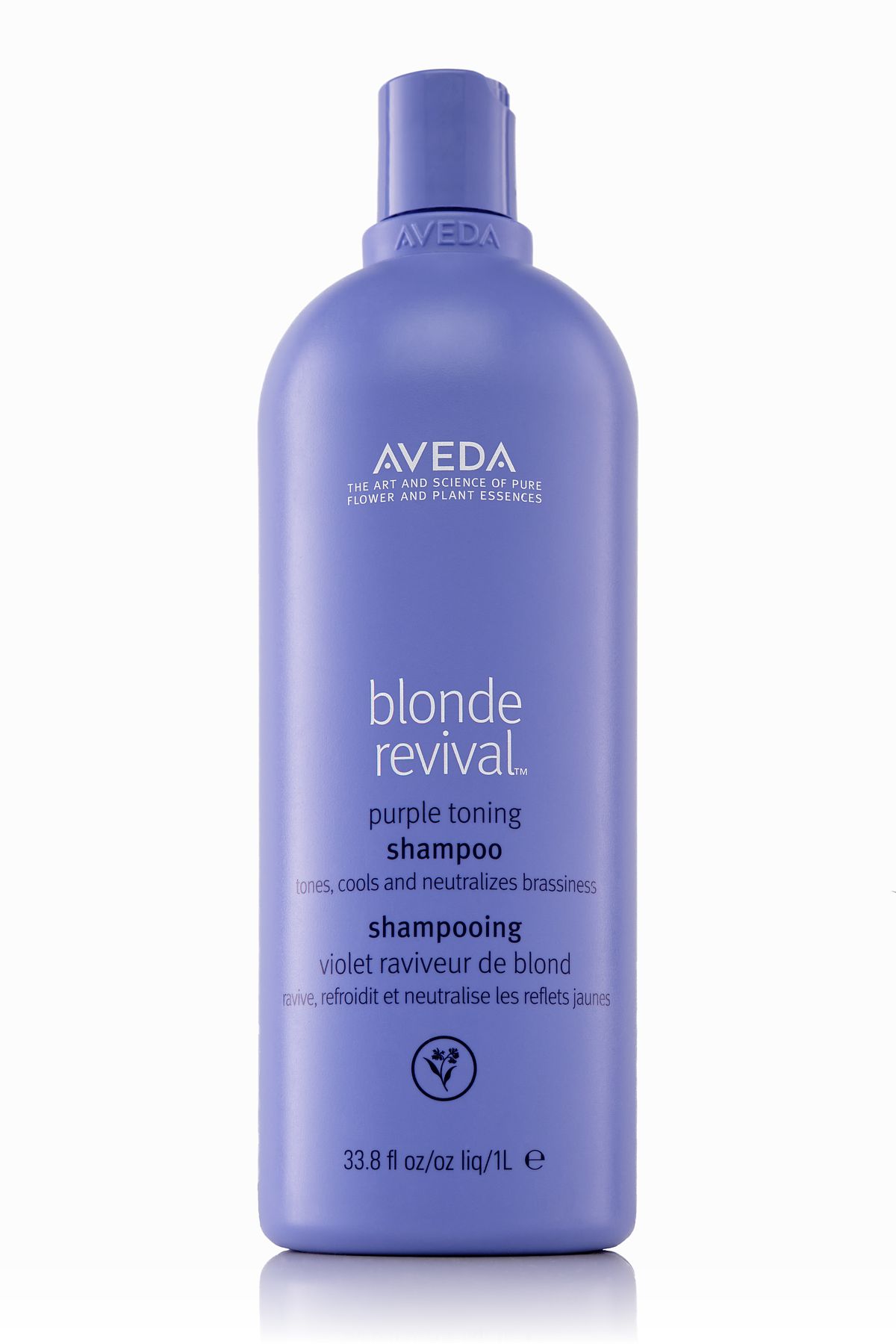 Professionally lit purple shampoo bottle on white.