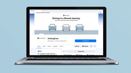 Mockup of a UnitingCare Facebook page featuring a &lsquo;Driving Is a Shared Journey&rsquo; banner with an illustration of three fleet vehicles parked side by side.