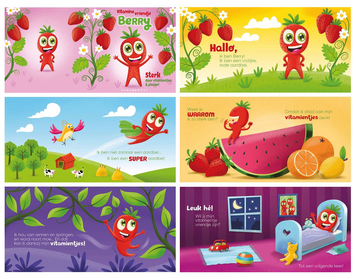 poetzarelli, pagina's kinderboek, vrolijke kleuren, veganboost