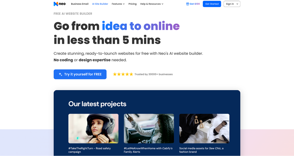 Schermata del generatore di siti web Neo