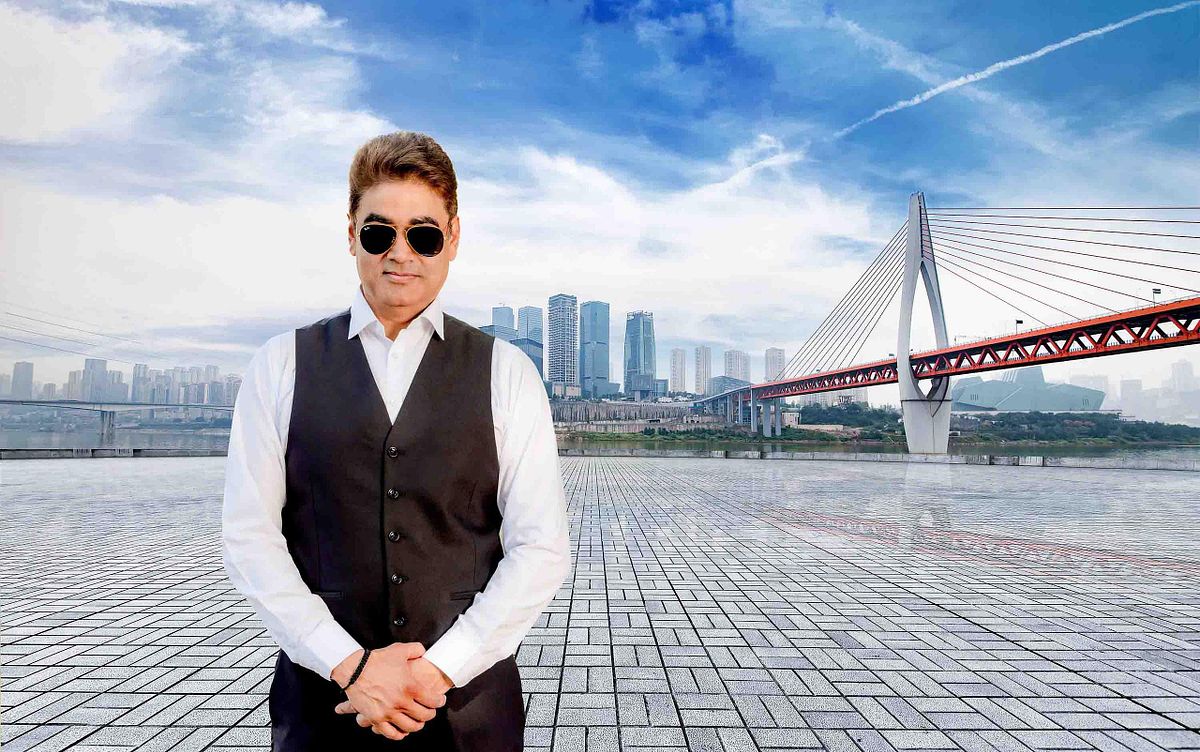 Marble platform in front of the city skyline