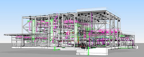 3D Revit MEP coordination model of a commercial building showing integrated HVAC, electrical, and plumbing systems
