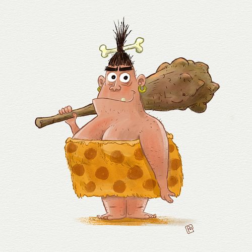 illustratie kinderboek van een grappig oermens met tijgervel en grote knots in de hand.