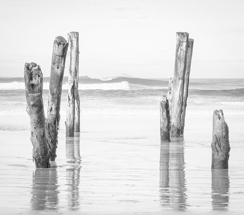 Black & White, monochromatic, tonal, texture, minimalist, ocean, wave, shore, sand, foam, tide, splash, soft, beach, sky, cloud, Saint Clair, Dunedin, New Zealand, Otago, peninsula, surf, pylons, pier