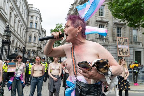 Trans rights activists march to Downing Street, London, UK