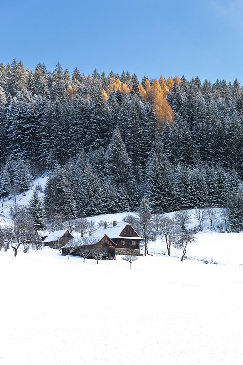 Village de montagne recouvert de neige.