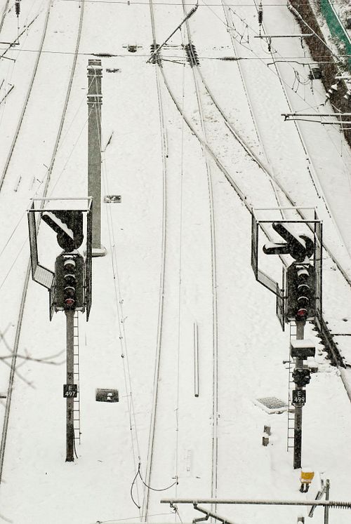Train Lines in the Snow. Edinburgh, Scotland, UK.