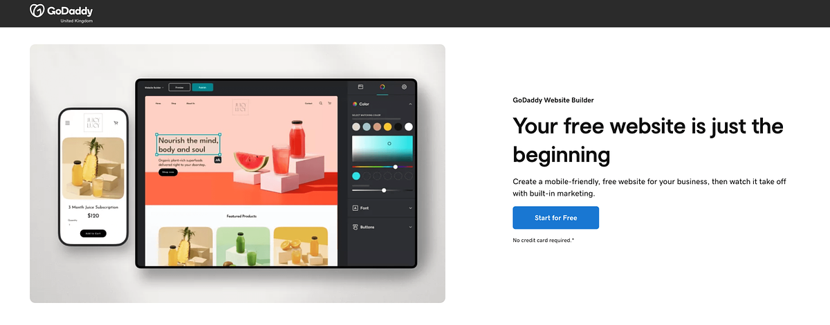 GoDaddy Website Builder homepage showing the all-in-one site, hosting, and domain bundle