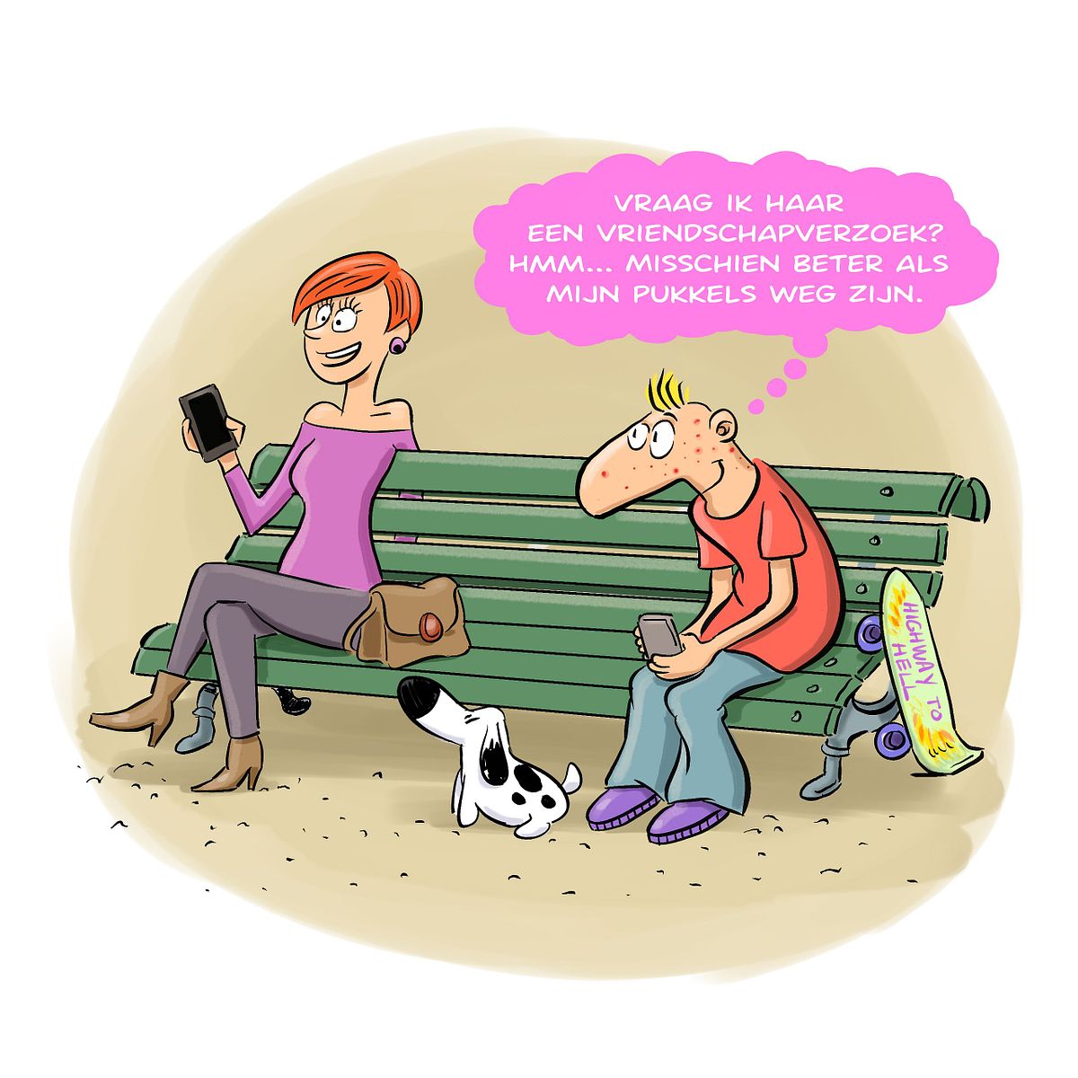 cartoon van een jonge die stiekem naar een meisje kijkt op de bank