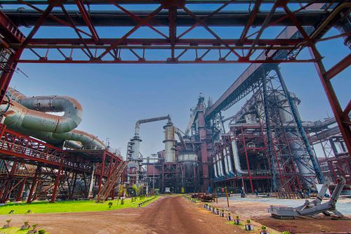 Low angle view of Tata  Steel Plant, showcasing steel production and manufacturing in Odisha, India.