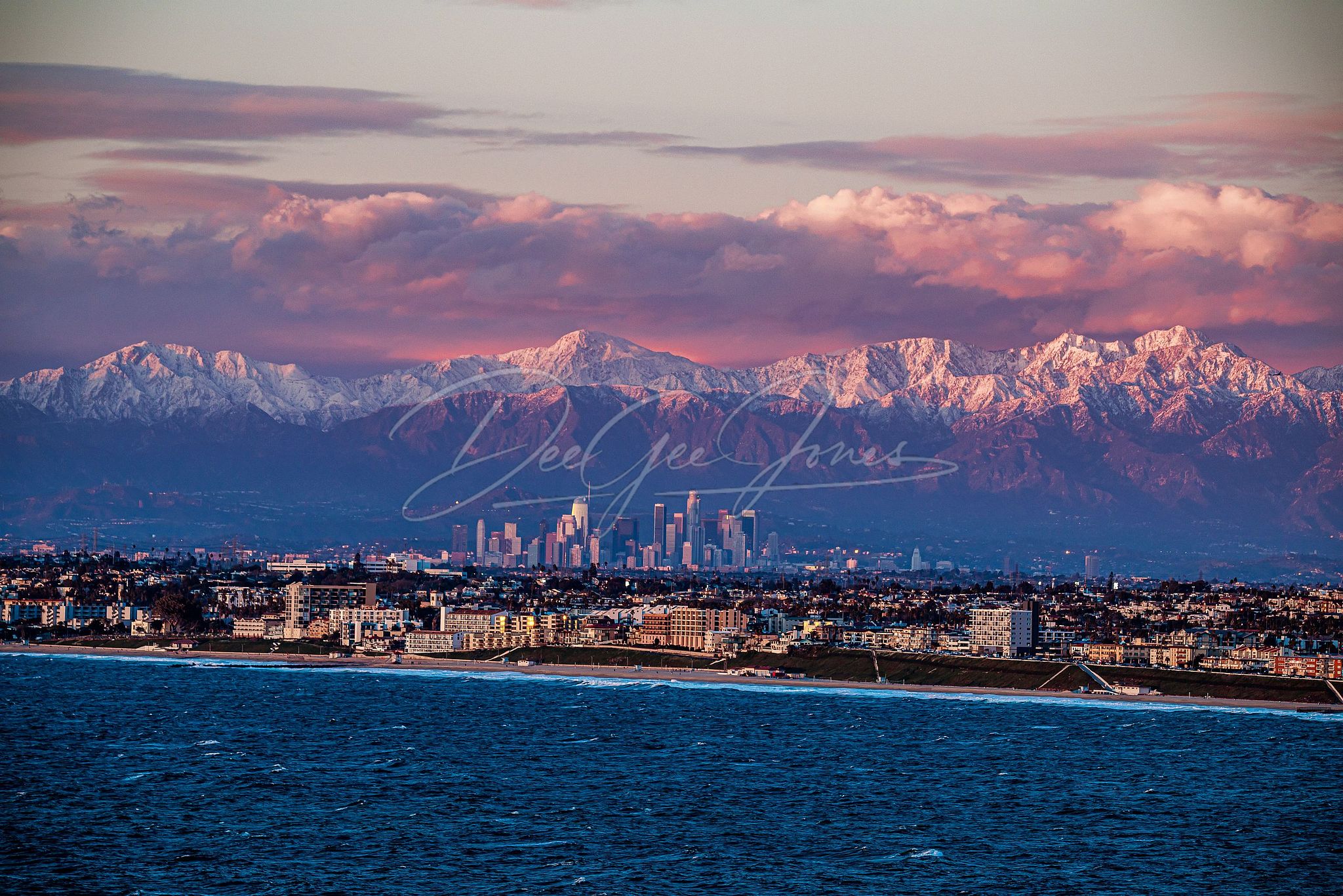 Downtown Los Angeles , Snow on Mountains