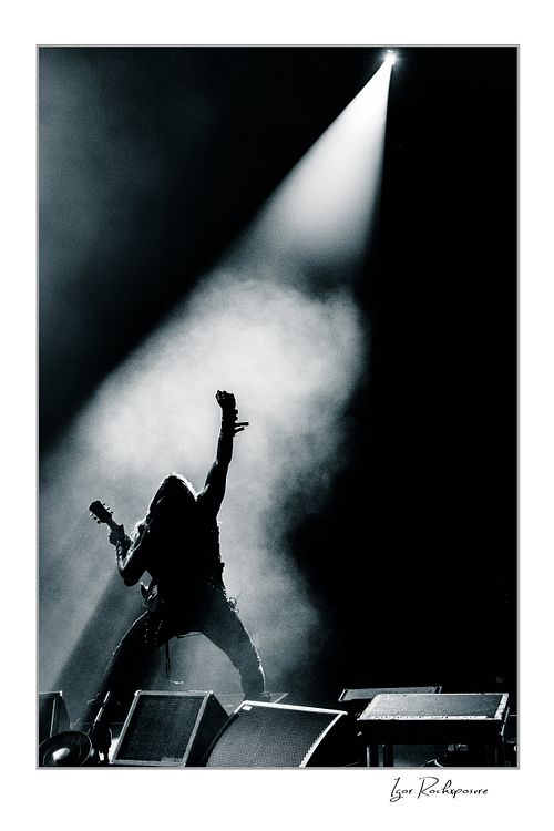 Black and white silhouette of Zakk Wylde standing on stage, holding his guitar and raising his fist into a single bright diagonal spotlight.