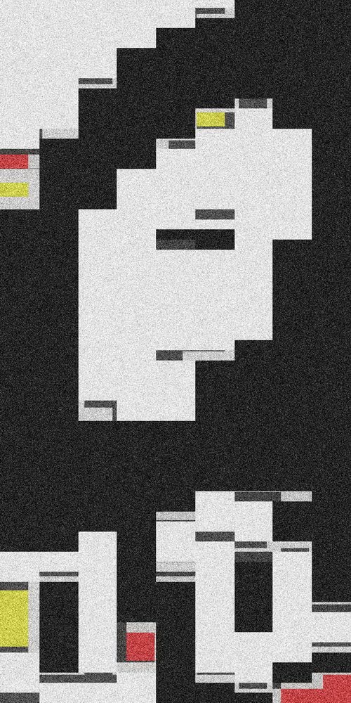 A pixelated design forms an abstract portrait against a dark background. Splashes of red and yellow add contrast to the monochrome theme.